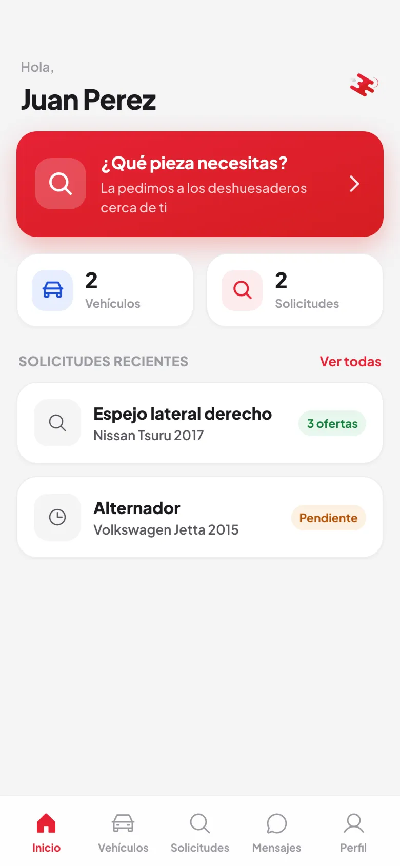 Inicio de la app: botón para pedir una pieza y tus solicitudes con las ofertas recibidas