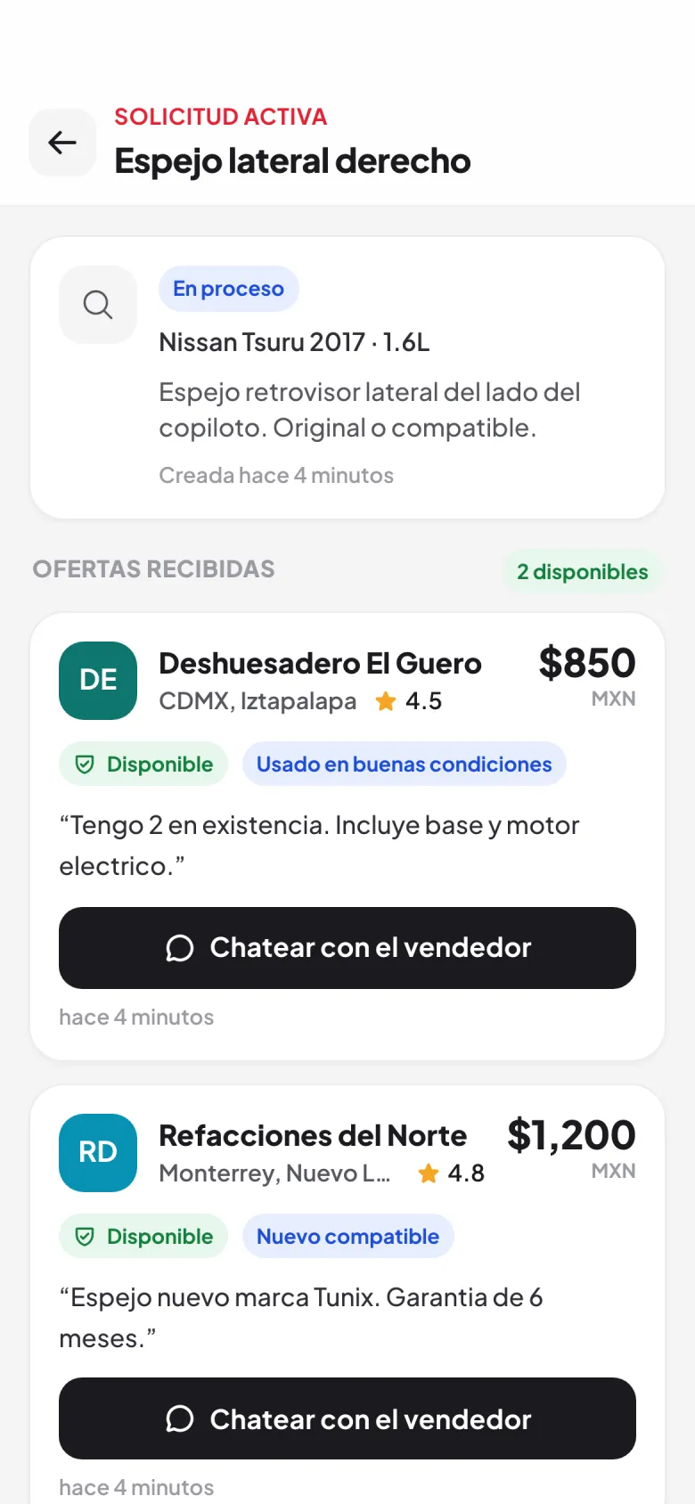 Una solicitud de espejo lateral con dos ofertas de deshuesaderos, con precio y condición