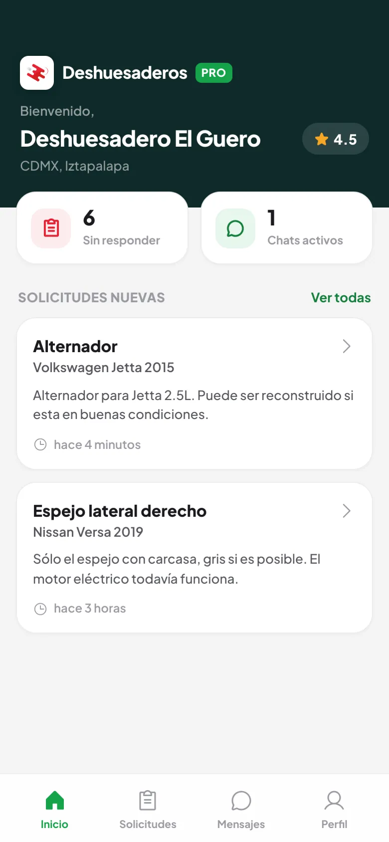 Inicio de Deshuesaderos Vendedor: solicitudes nuevas sin responder